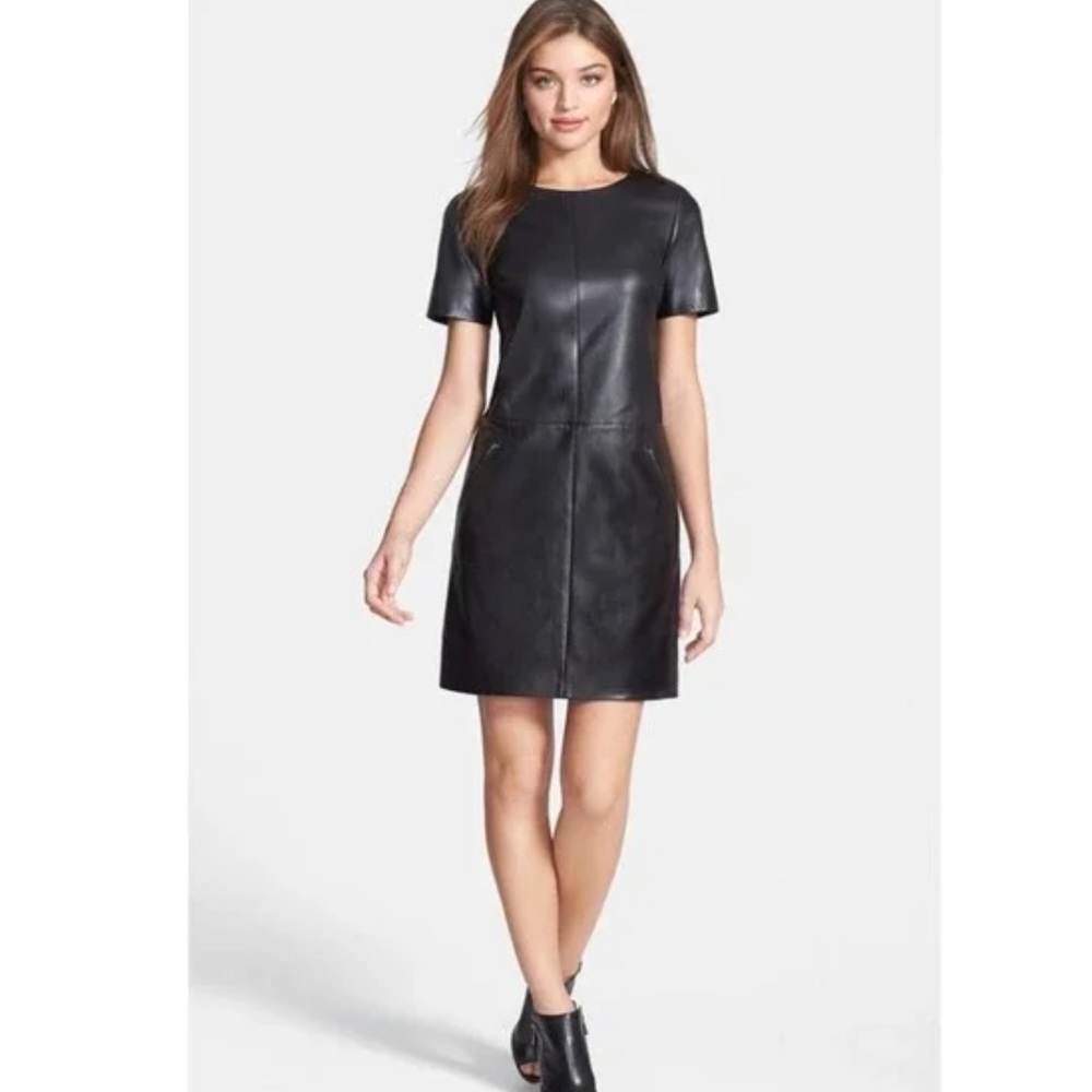 Halogen Leather Ponte Knit Shift Short Sleeve Mini Dress